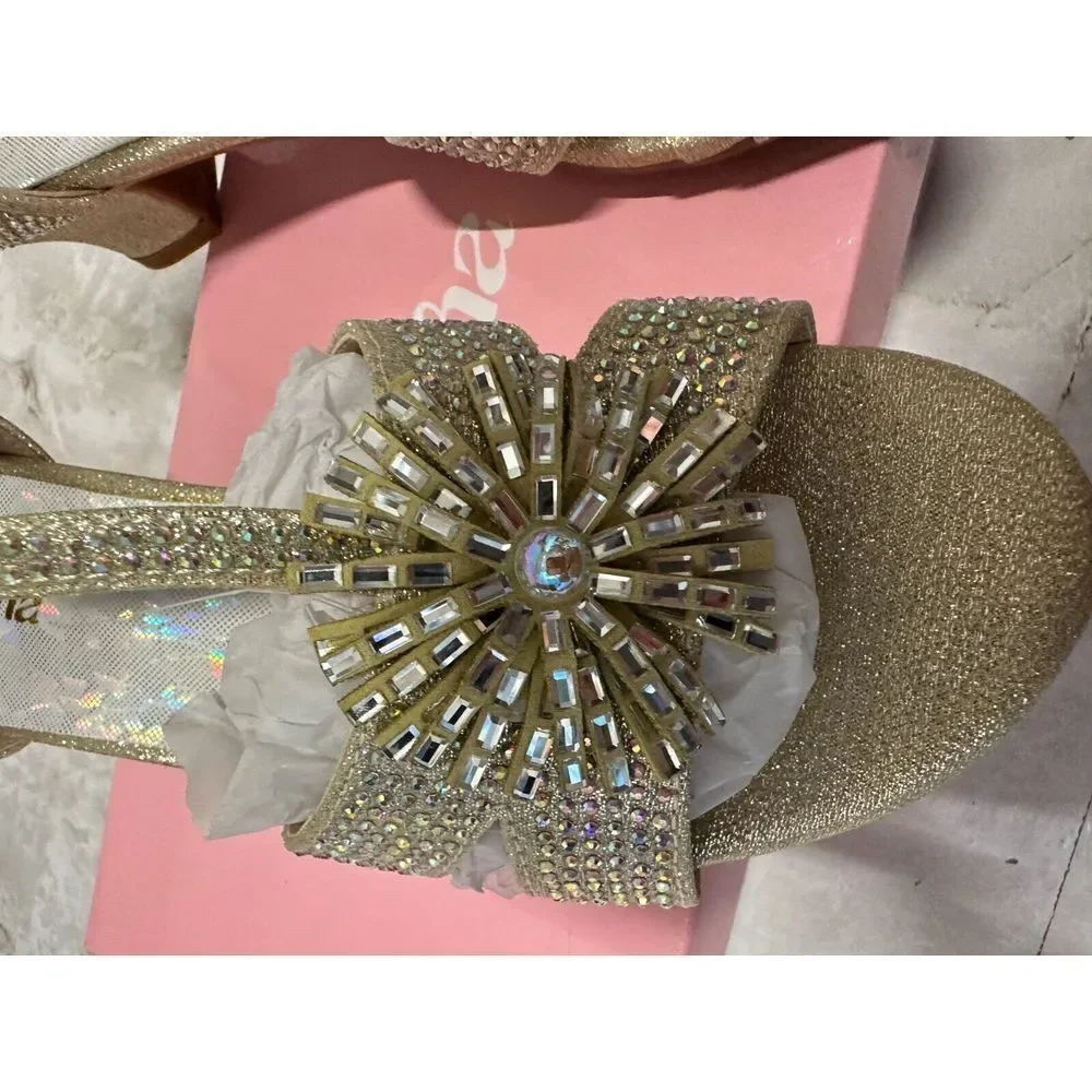 K Crosha  Big Girl's Mid Hell‎ Sandal Rhinestone Gold 4MT New !